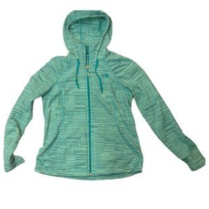 North Face Womens M/M Green Striped Full Zip Hoodie Soft Fleece Pouch Drawstring